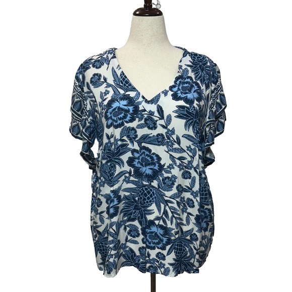 Rachel Zoe Tops - Rachel & Zoe Top Womens 2X Blue White Floral Tropical Flutter Sleeve Beachy NWT